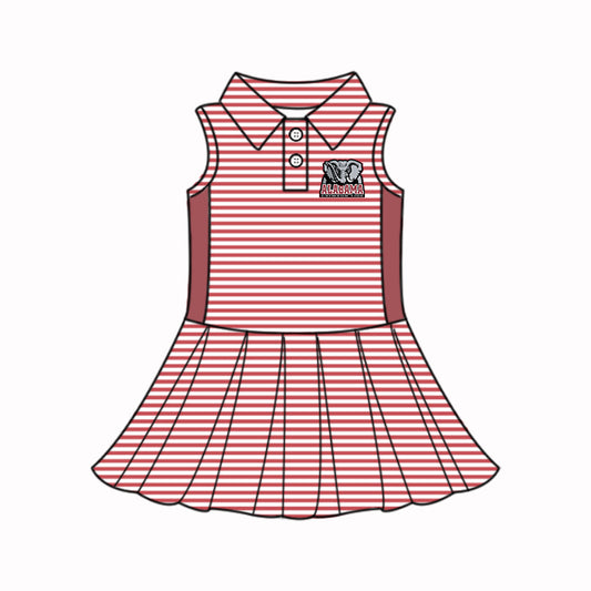 Preorder (moq 5)Baby Girls Sleeveless Red Stripe Button Alabama Team Knee Length Dresses