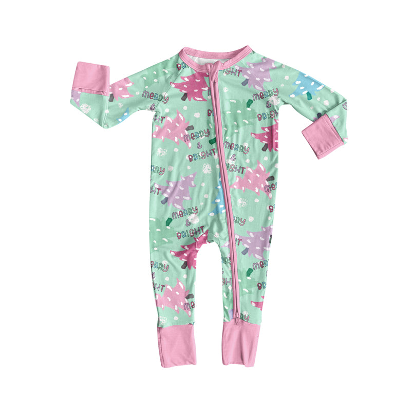 Preorder (moq 5)Baby Girls Long Sleeves Colorful Trees Plaid Merry Bright Zipper Romper