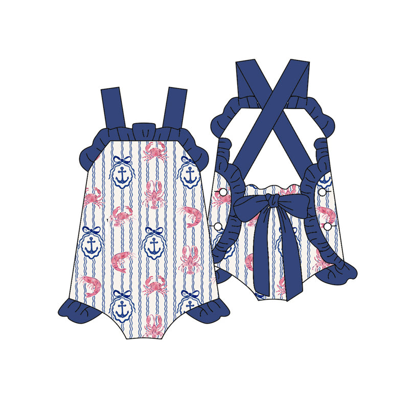Preorder (moq 5)Baby Girls Strap Crayfishes Fishing Back Bow Ruffle Rompers