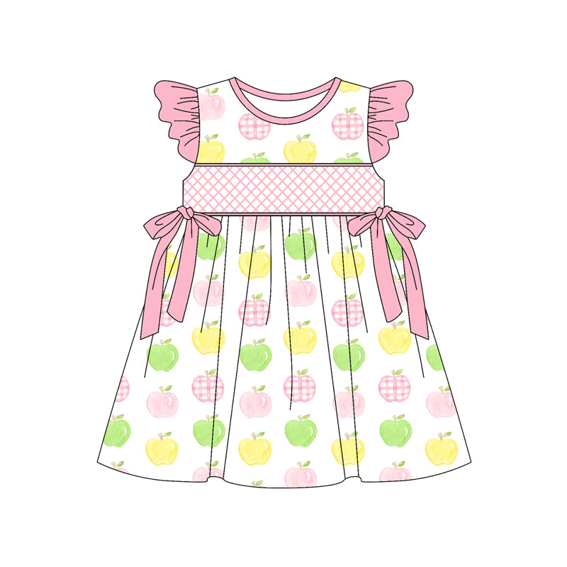 Preorder (moq 5)Baby Girls Pink Flutter Sleeves Apples Bows Knee Length Dresses