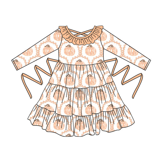 Preorder moq 5 Baby Girls Long Sleeves Pumpkins Plaid With Belt Ruffle Knee Length Dresses