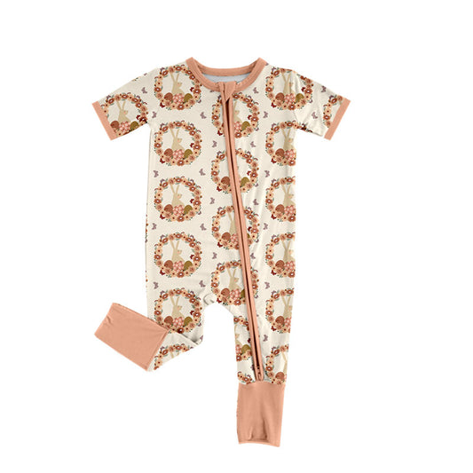 Preorder (moq 5) Baby Girl Clothes Wreath Bunny Floral Allover Print Short Sleeve Zip Romper Jumpsuit