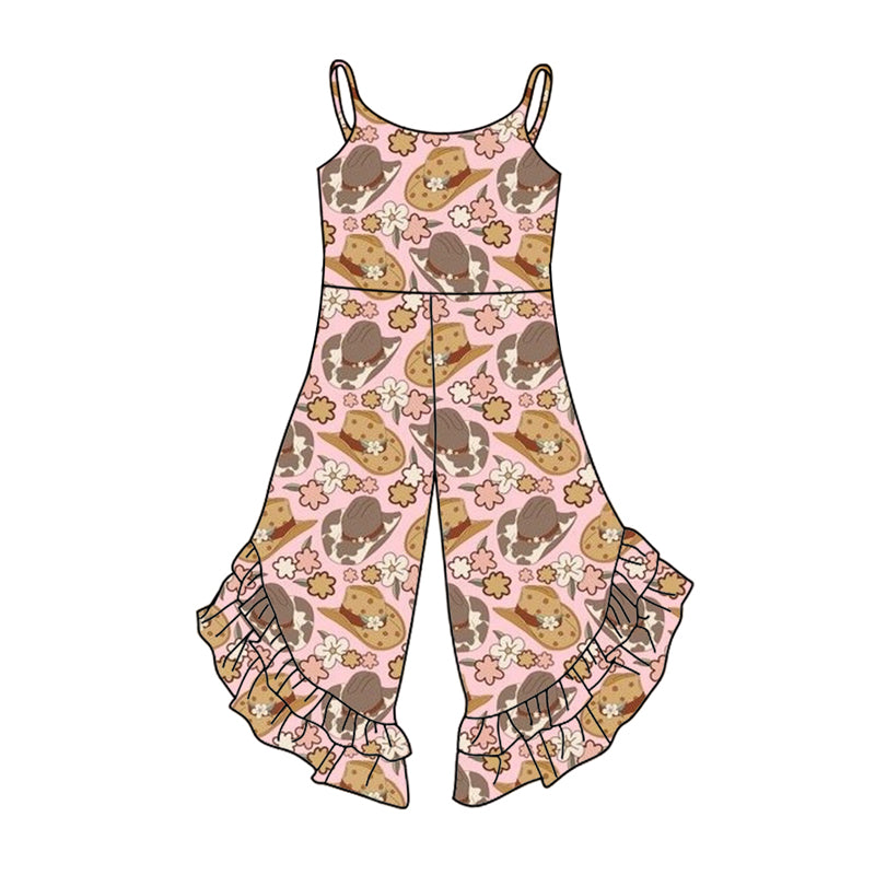 Preorder (moq 5)Baby Girls Pink Strap Colorful Hats Floral Ruffle Jumpsuits