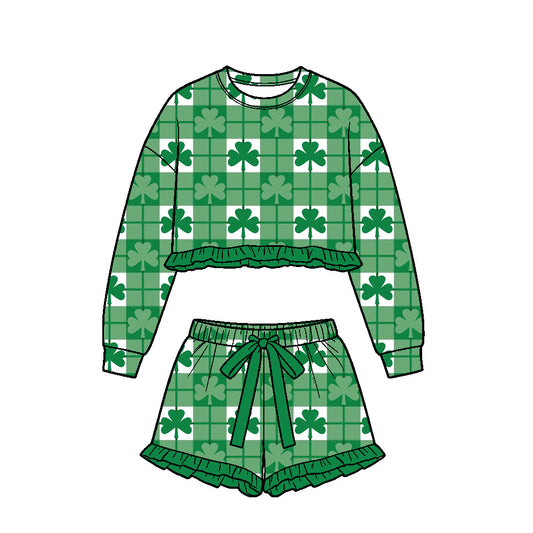 Preorder (moq5) Baby Girls Clovers Checked Long Sleeve Top Ruffle Short St Patrick Clothes Set