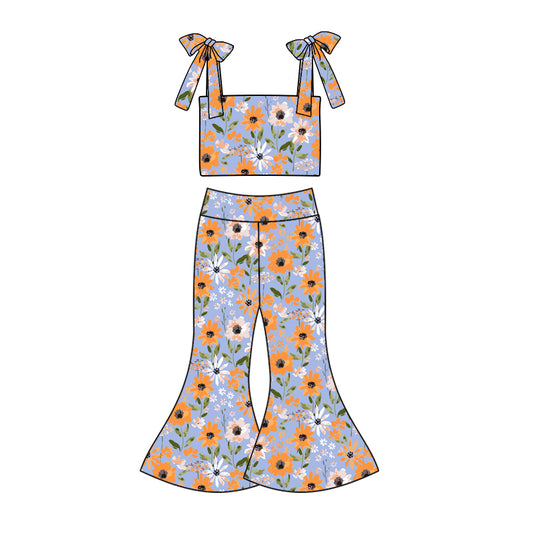Preorder (moq 5)Baby Girls Orange Flowers Straps Top Bell Pants Clothes Sets