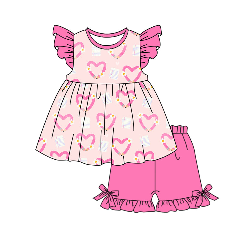 Preorder (moq 5)Baby Girls Pink Hearts Tunic Top Ruffle Shorts Clothes Sets