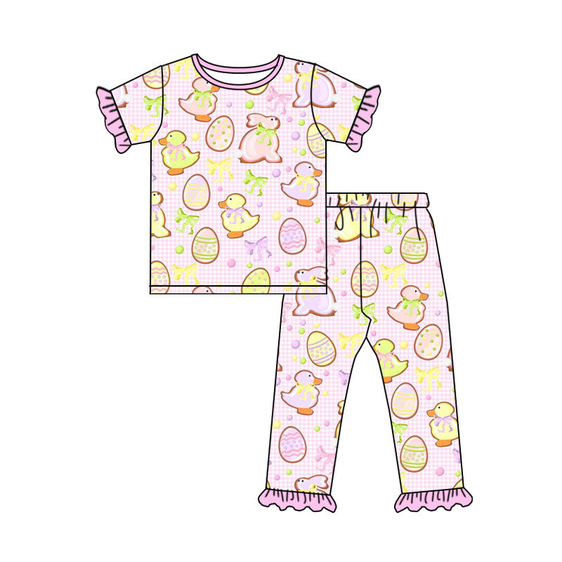 Preorder (moq 5) Baby Girl Clothes Easter Bunny Duck Gingham Mixed Print Short Sleeve Ruffle Top Long Pant Set