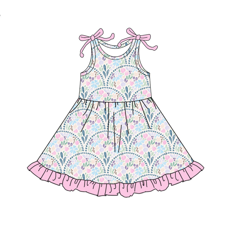 Preorder (moq 5)Baby Girls Bows Sleeveless Colorful Sea Plants Ruffle Knee Length Dresses