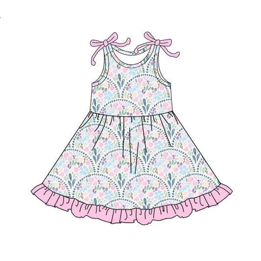 Preorder (moq 5)Baby Girls Bows Sleeveless Colorful Sea Plants Ruffle Knee Length Dresses