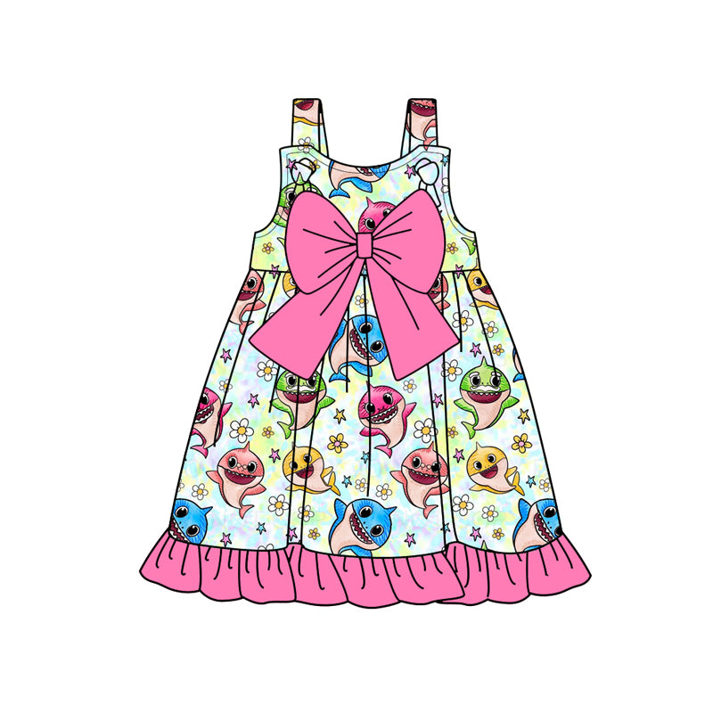 Preorder (moq 5)Baby Girls Strap Bows Top Cartoon Sharks Flowers Knee Length Dress
