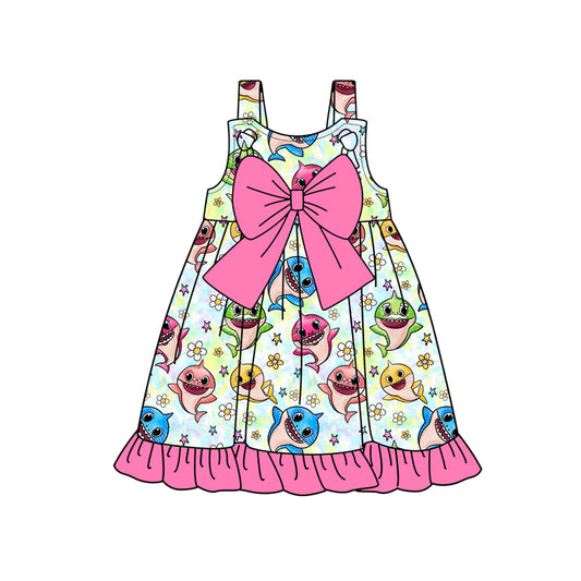 Preorder (moq 5)Baby Girls Strap Bows Top Cartoon Sharks Flowers Knee Length Dress
