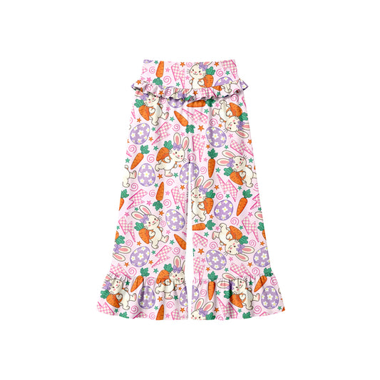 Preorder (moq 5) Baby Girl Clothes Easter Bunny Carrot Egg Mixed Print Long Waist Ruffle Bell Bottom Pants
