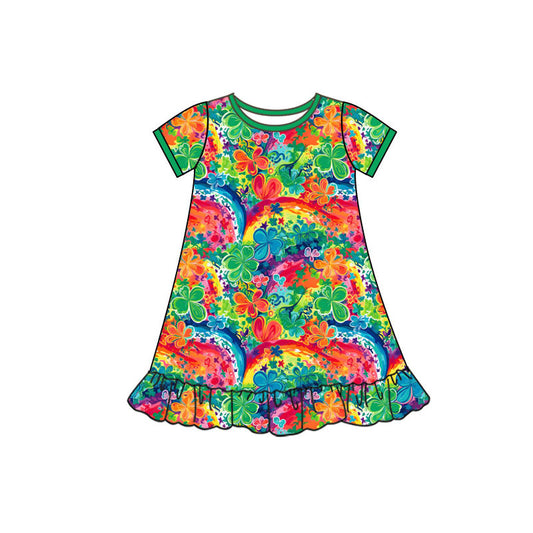 Preorder(moq 5) Baby Girls Short Sleeve Colorful Clovers Flowers St Patrick Ruffle Knee Length Dress