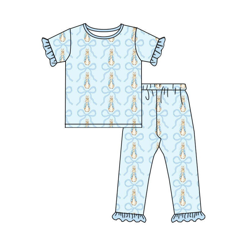 Preorder (moq 5) Baby Girls Blue Bows Rabbits Top Ruffle Pant Easter Pajamas Set