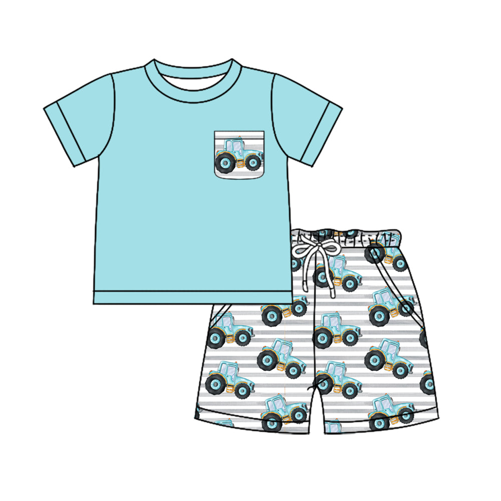 Preorder (moq 5)Baby Boys Blue Tractor Pocket Shirt Top Shorts Clothes Sets