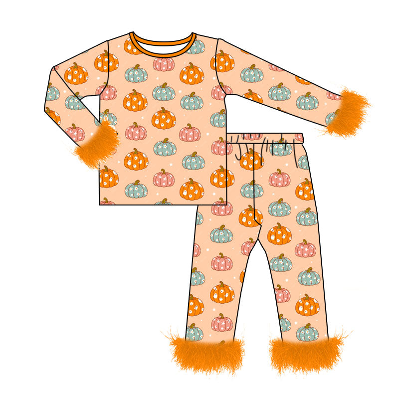Preorder (moq 5)Baby Girls Colorful Ghost Pumpkins Fur Sleeves Top Pants Halloween Pajamas Sets