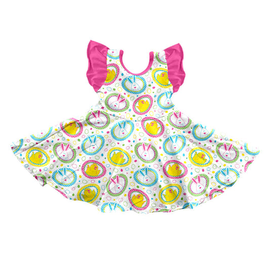 Preorder (moq 5) Baby Girl Clothes Easter Bunny Chick Circle Print Sleeveless Ruffle Twirl Dress
