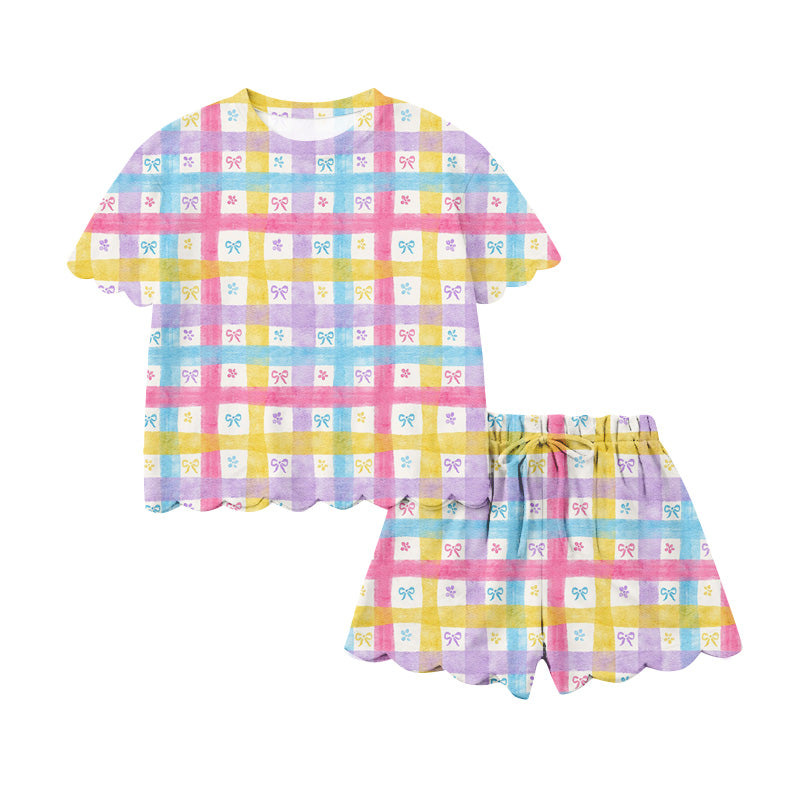 Preorder (moq 5)Baby Girls Short Sleeve Colorful Bows Checked Top Scallop Shorts Clothes Sets