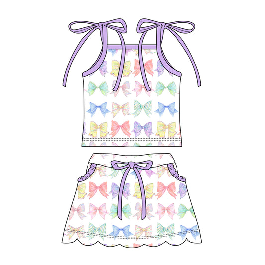 Preorder moq 5 Baby Girls Strap Colorful Floral Bows Top Pockets Scallop Skirt Short Clothes Sets