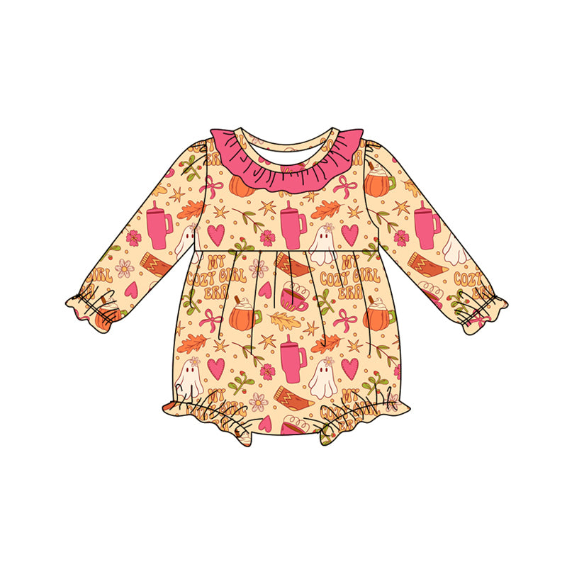 Preorder(moq 5)Baby Girls Pink Bows Ghosts Halloween Ruffle Rompers