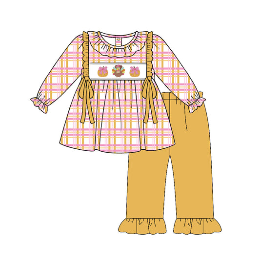 Preorder (moq 5)Baby Girls Pumpkins Turkey Checked Tunic Ruffle Pant Thanksgiving Clothes Sets