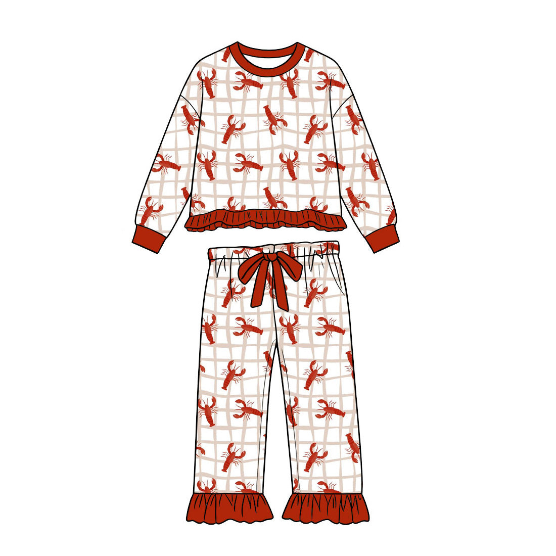 Pre-order(moq5) Baby Girl Clothes Crawfish Grid Print Long Sleeve Ruffle Pant Set