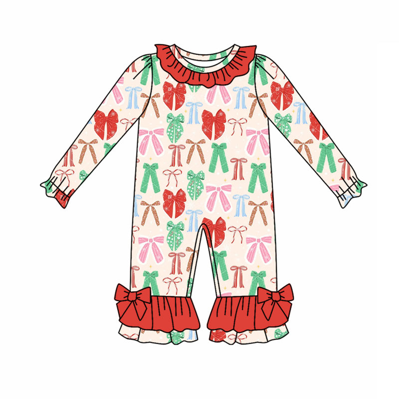 Preorder(moq 5)Baby Infant Girls Green Red Bows Plaid Ruffle Pant Christmas Rompers