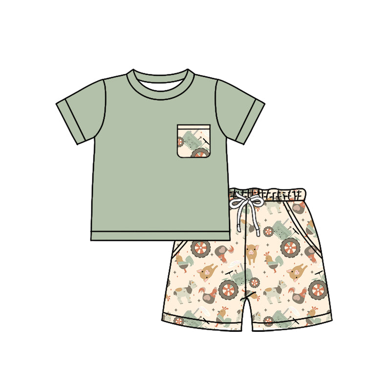 Preorder (moq 5)Baby Boys Green Short Sleeves Pocket Top Chicks Pigs Shorts Farm Set