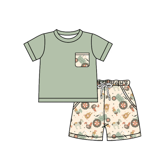 Preorder (moq 5)Baby Boys Green Short Sleeves Pocket Top Chicks Pigs Shorts Farm Set