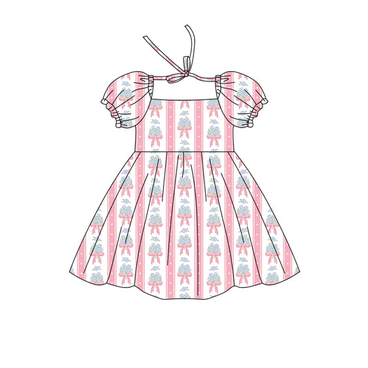 Preorder (moq 5)Baby Girls Short Ruffle Sleeve Flowers Bows Stripe Knee Length Dresses