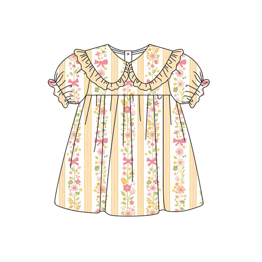 Preorder (moq 5)Baby Girls Flowers Bows Stripe Collar Knee Length Dresses