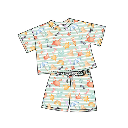 Preorder (moq 5)Baby Girls Short Sleeve Sea World Stripe Top Shorts Clothes Sets