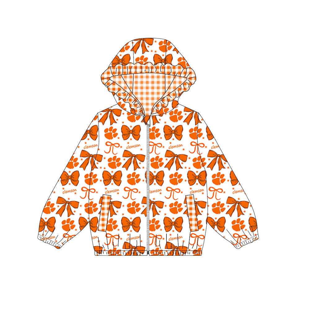 Preorder (moq 5)Baby Girls Orange Clemson Bows Zip Ruffle Hooded Cardigan Jackets Tops