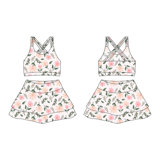 Preorder moq 10 Baby Girls Strap Pink Daisy Flowers Activity Wear Vests Top Short Skirts Yoga Set