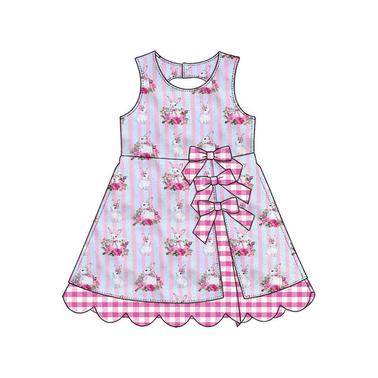 Preorder (moq 5) Baby Girl Clothes Easter Bunny Bouquet Pink Blue Stripe Print Sleeveless Bow Scallop Hem Boutique Dress