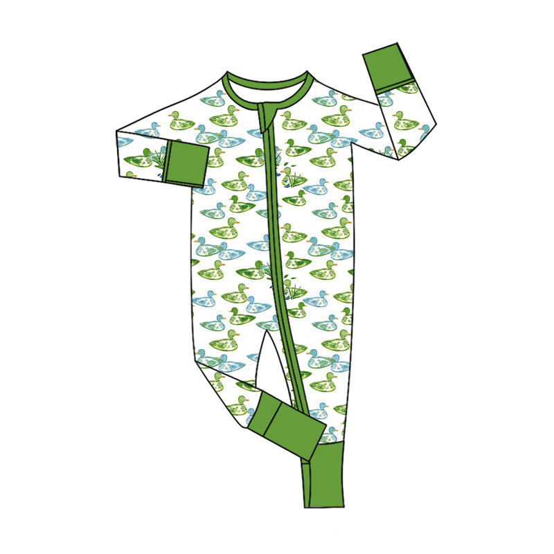 Preorder (moq 5)Baby Boys Blue Green Ducks Plaid Hunting Two Way Zip Convertible Rompers