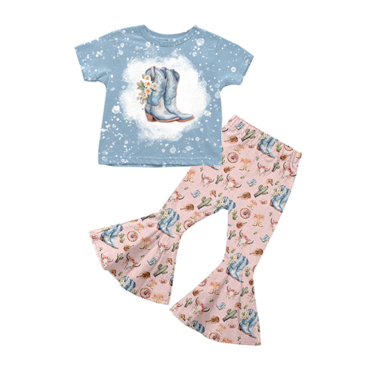 Preorder (moq 5)Baby Girls Blue Short Sleeves Boot Flower Top Pink Bell Bottom Pant Set