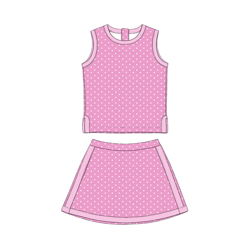 Preorder (moq 5) Girls’ Pink & White Polka Dot Color-Block Sleeveless Tank Top & Skirt 2-Piece Set