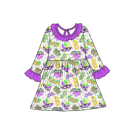 Preorder(moq5) Baby Girl Clothes Mardi Gras Diamond Mask Print Long Sleeve Purple Ruffle Collar Dress