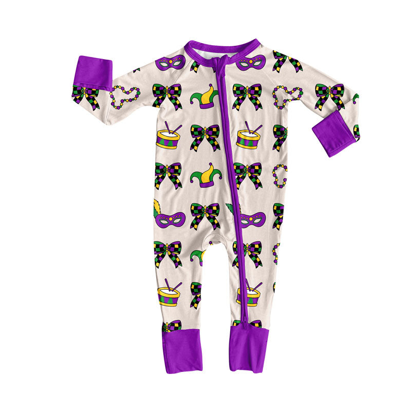 Preorder (moq 8)Baby Girls Anchors Bows Mardigras Zipper Footie Rompers