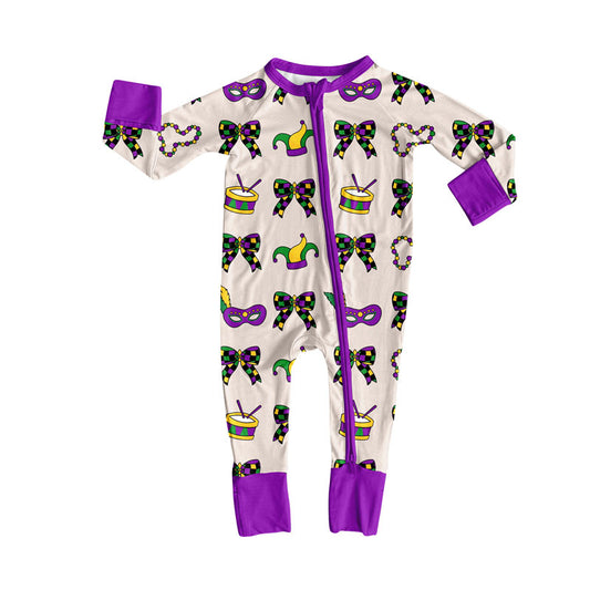 Preorder (moq 8)Baby Girls Anchors Bows Mardigras Zipper Footie Rompers