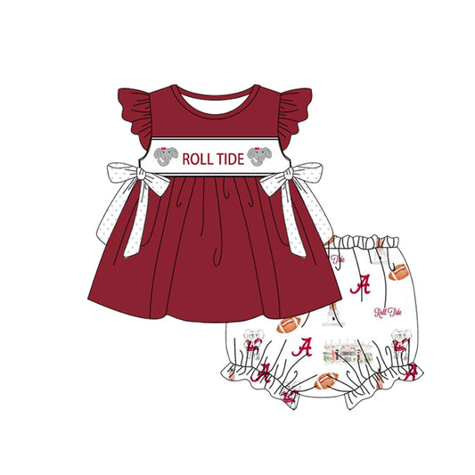 Preorder(moq 5) Baby Girls Roll Tide Team Bows Tunic Top Bummie Sets