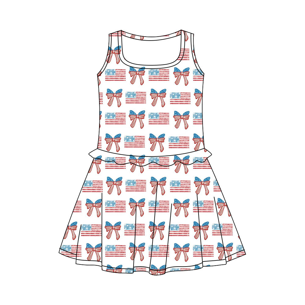 Preorder (moq 5)Baby Girls Bows Flags 4th of July Knee Length Dresses