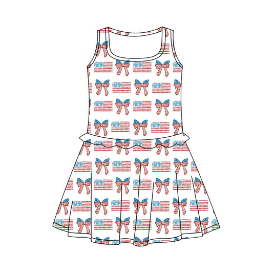 Preorder (moq 5)Baby Girls Bows Flags 4th of July Knee Length Dresses