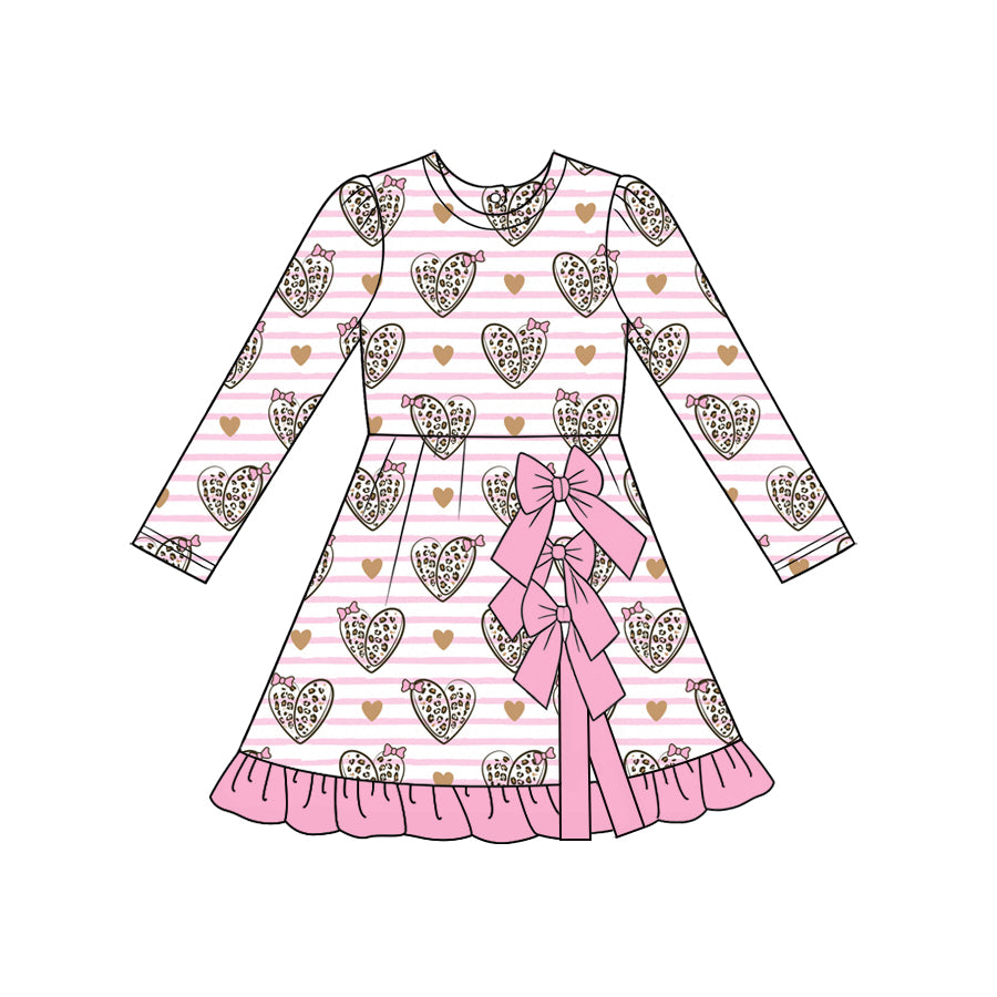 Preorder (moq 5) Baby Girl Clothes Striped Leopard Heart Print Long Sleeve Big Bow Ruffle Hem Dress