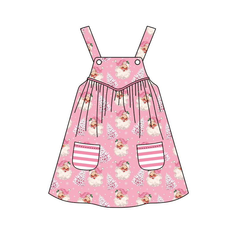 Preorder (moq 5)Baby Girls Pink Bows Strap Trees Santa Stripe Pockets Knee Length Dresses