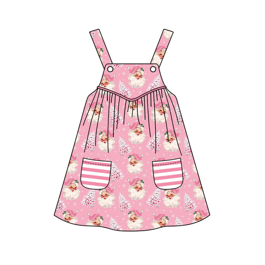 Preorder (moq 5)Baby Girls Pink Bows Strap Trees Santa Stripe Pockets Knee Length Dresses