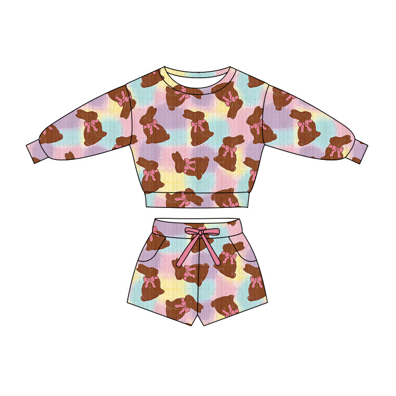 Preorder (moq 5)Baby Girls Tie-dye Bow Rabbits Top Pockets Shorts Easter Clothes Sets