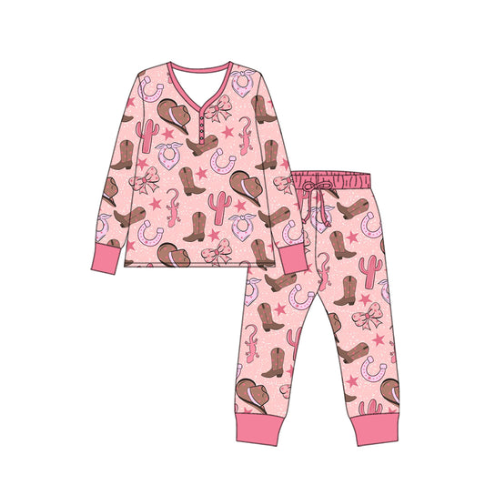 Preorder moq 5 Adult Long Sleeve Hats Boots Cactus Top Pants Western Pajamas Sets