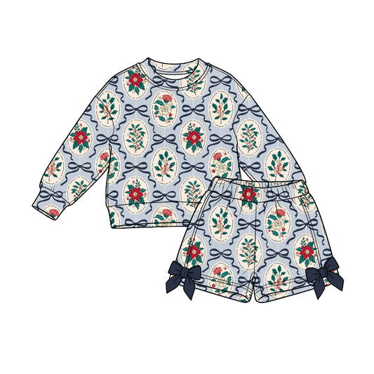 Preorder (moq 5) Baby Girl Clothes Christmas Floral Bow Frame Print Long Sleeve Top Bow Shorts Outfit Set
